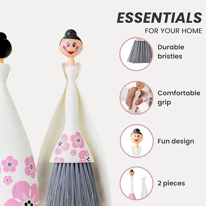 Vigar Mini Broom and Dustpan Set - Small Broom and Dustpan, Hand Broom for Desk, Kitchen, Car, Crumb Brush for Dust & Pet Hair, Decorative Doll Design, Portable Dust Pan Brush for Indoor - White