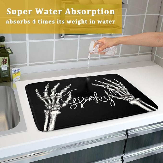 Halloween Dish Drying Mat for Kitchen Counter Spooky Skeleton Festival Microfiber Absorbent Dish Draining Reusable Washable Foldable Extra Large 18"x24"