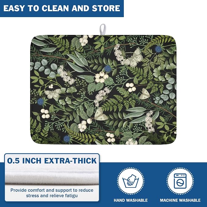 Sage Green Botanical Fruit Dish Drying Mat 18x24 Inch | Butterfly，Polyester，Absorbent Microfiber，for Kitchen Coffee Dining Bar Decor