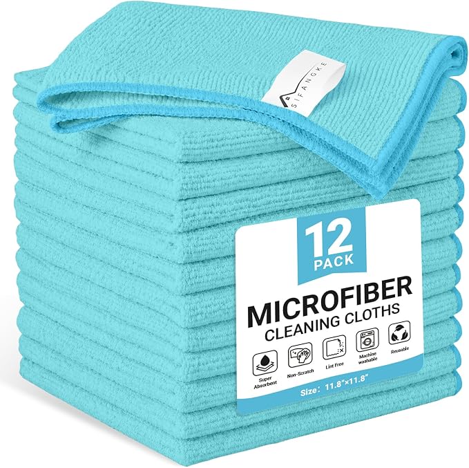 SIFANGKE Microfiber Cleaning Cloth, 12 Pack SkyBlue Cleaning Rags for Housekeeping, Reusable Microfiber Towels for Car, Kitchen, Bathroom and Household Cleaning Supplies, 11.8"X11.8"