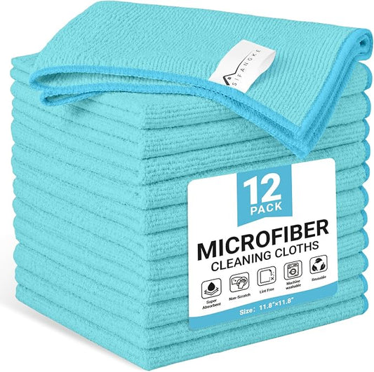 SIFANGKE Microfiber Cleaning Cloth, 12 Pack SkyBlue Cleaning Rags for Housekeeping, Reusable Microfiber Towels for Car, Kitchen, Bathroom and Household Cleaning Supplies, 11.8"X11.8"