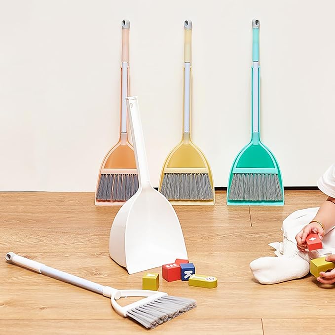 Nicunom Set of 4 Mini Broom with Dustpan for Kids, Children Broom and Dustpan Set Cleaning Set Boys Girls Little Housekeeping Helper Set for Kitchen Bathroom Pet