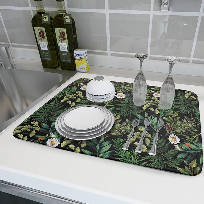 Green Botanical Dish Drying Mat 18x24 Inch Plant Leaf Fast Dry Dish Drainer Rack Mats Absorbent Microfiber Protector for Countertops Sinks