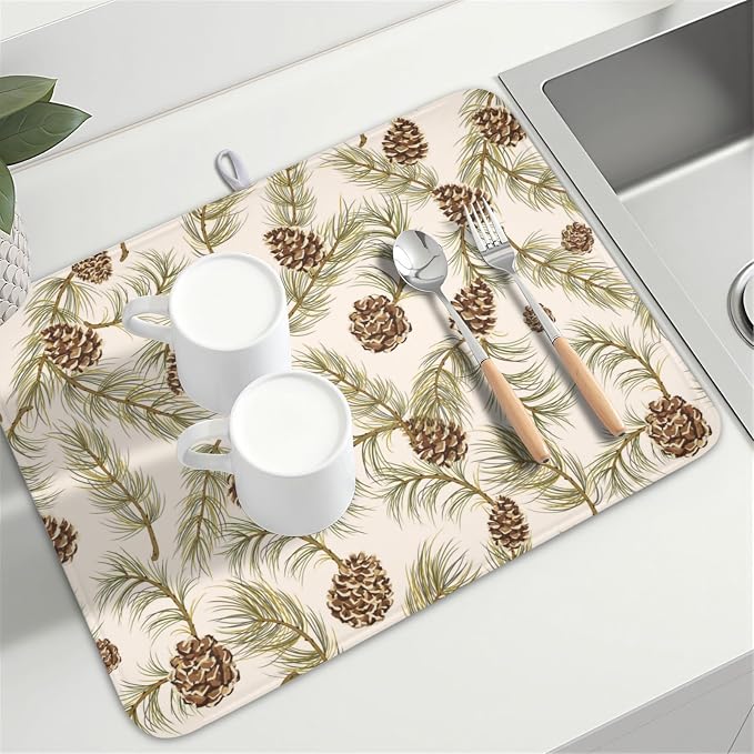 Winter Pine Cone Dish Drying Mat for Kitchen Counter Christmas Pinecone Pine Tree Branches Dish Drainer Mat Xmas Holiday Rustic Absorbent Washable Drying Pad 18"x24"