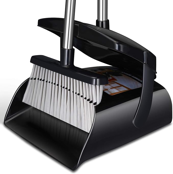 Broom and Dustpan Set 52-in Long Adjustable Handle Broom Dustpan Combo | Upright Dustpan with Teeth to Automatically Clean Hair, Dust Pan with Lid, Suitable for Home Kitchen Office Hall Floor