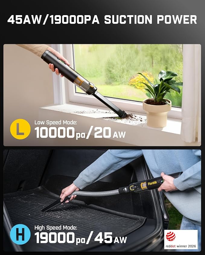 Fanttik Slim V10 APEX Cordless Car Vacuum, 4-in-1 Portable Mini Handheld Vac, 19kPa Suction Power, Upgraded Smart Digital Display, 2 Suction Modes for Small Jobs, Car, Office Desk, Keyboards (Black)
