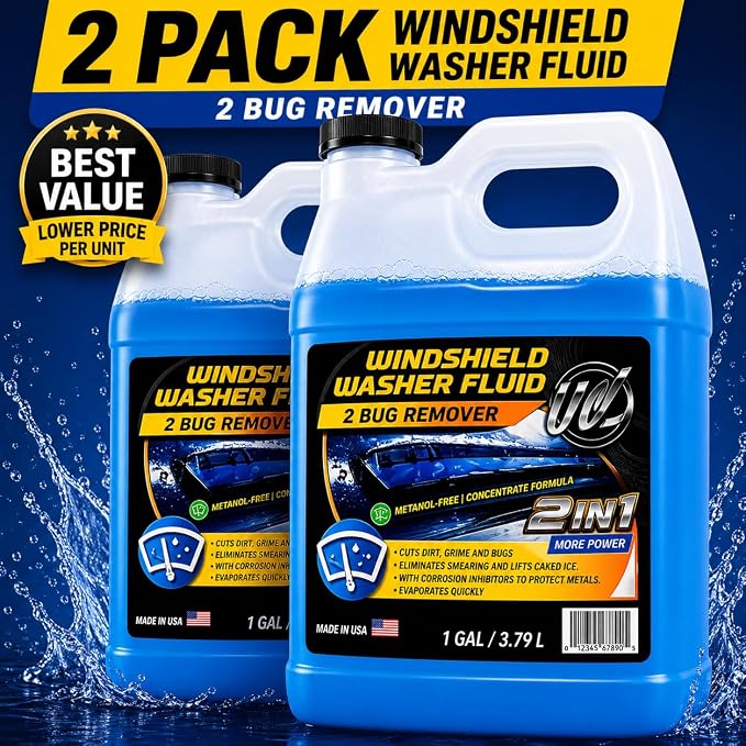 UCS 2-in-1 Windshield Washer Fluid 2-Pack (1 Gallon Each, 256 fl oz Total) – Ready to Use, Streak-Free Formula, All-Weather Cleaning, Removes Bugs, Dirt & Road Grime – Premium Windshield Cleaner