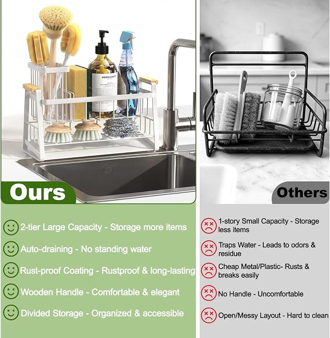 Housolution Sponge Holder for Kitchen Sink, 2-Tier Sink Caddy Organizer with Flexible High Brush Holder, Kitchen Countertop Storage Accessories, Soap Dispenser Organizer, Rustproof, White