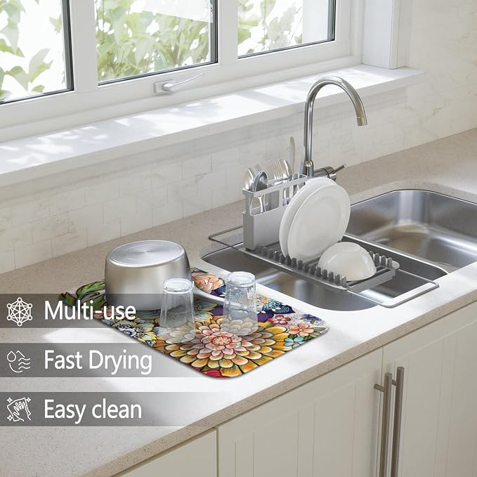 Dish Drying Mat 2-Pack with Mandala for Kitchen Counter Absorbent Dishes | Diatom Mud Mats (18x24, 19.5x12"). Non-slip rubber back for kitchen counter, coffee bar & sink scenes