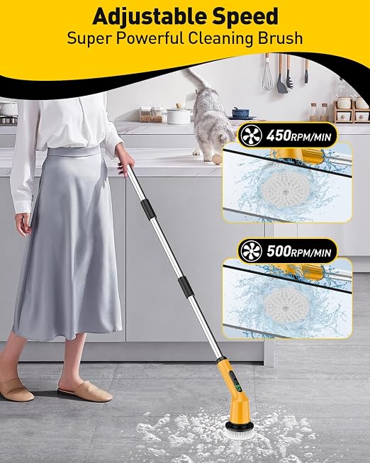 Electric Spin Scrubber for Cleaning Bathroom, Shower Scrubber Cordless Cleaning Brush with IPX7 Waterproof & 2 Speed, 3 Floor Machine Pads, Bathroom Cleaning Supplies for Shower Tub Yellow
