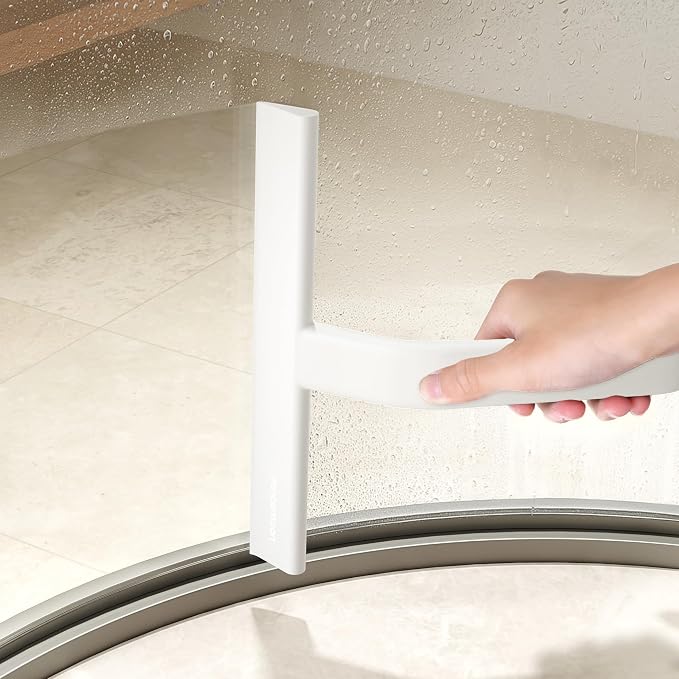 dancemoon JustHang Shower Squeegee with Built-in Hook, 10-Inch White | Award-Winning Design, All-One-Piece Soft-Touch Silicone, for Glass Door, Bathroom, Window, Mirror, Tile Wall, Car