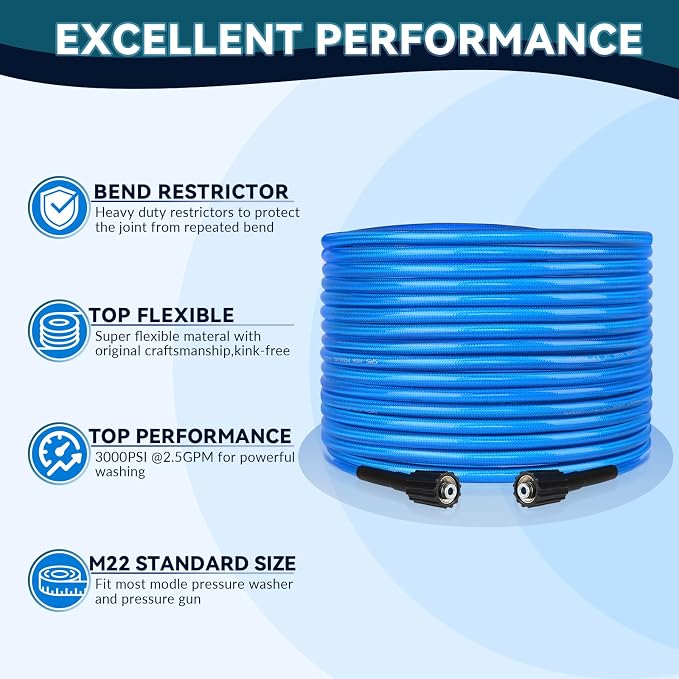 High Pressure Washer Hose 50 FT X 1/4 Inch, Kink Resistant Power Washer Extension Replacement Hose With Heavy Duty M22 Female x 3/8" Quick Connect Kit, 3000 PSI