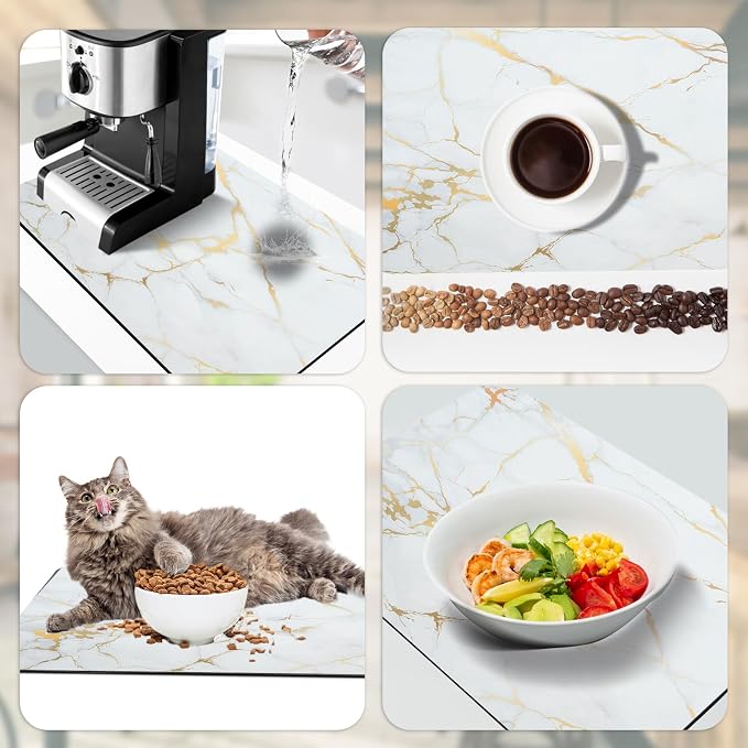 Sofort Dish Drying Mat for Kitchen Counter, Gold White Marble Dish Drying Pad with Non-slip Rubber Backed, Super Absorbent Drying Mats for Dish Rack, Coffee Maker 16 x 24 Inches