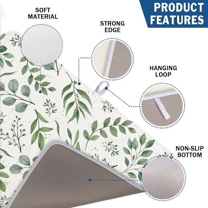 Kawani Sage Green Dish Drying Mat 18x24 In Absorbent Reversible Eucalyptus Leaves Plant Drying Mat Green Plant Dish Drying Rack Mat Spring Summer Themed Dish Drainer Mat for Kitchen Counter Coffee Bar