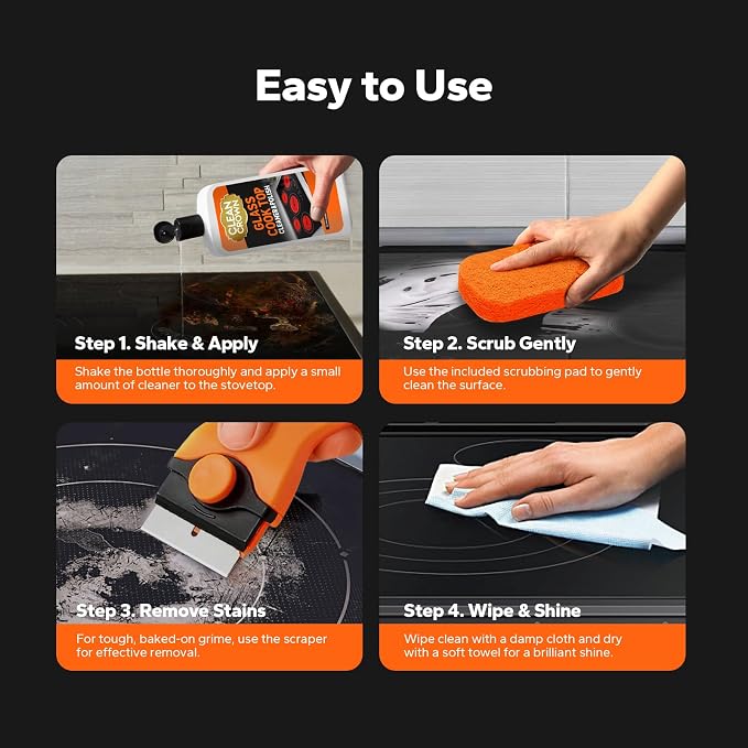 3-in-1 Cooktop Cleaner Kit (19 Oz Cooktop Cleaner + Scrubbing Pad + Scraper), Stovetop Cleaner for Electric Top Stoves, Ceramic Cooktops & Fireplace Glass, Remove Burned on Food, Grease