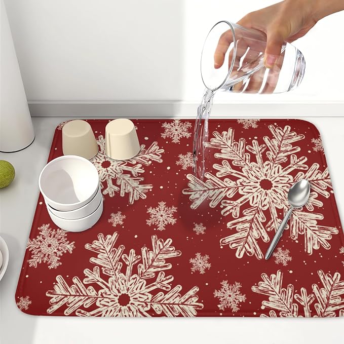 Red Christmas Dish Drying Mat for Kitchen Counter 16x18 Inch | Christmas Snowflake Dish Drainer Mat Rustic Farmhouse Xmas Holiday Absorbent Washable Drying Pad