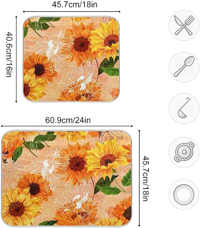 Super Absorbent Dish Drying Mat, Microfiber Fast-Drying Dish Mat, 24" x 18", Kitchen Dish Drying Pad, Watercolor Sunflowers