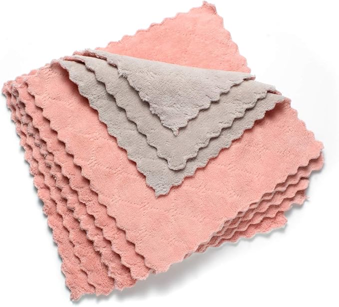 kimteny Cleaning Cloths Kitchen Towels Microfiber Washcloths Lint Free Dish Cloth Reusable Dishtowels Household Super Absorbent Fast Drying, 10"x10", Pack of 5 (Pink-Grey)