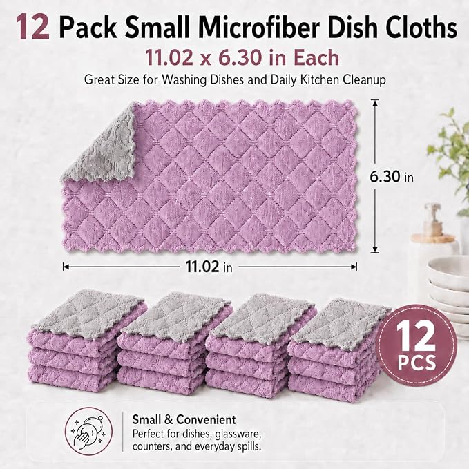 kimteny 12 Pack Dish Cloths for Washing Dishes, Super Absorbent Microfiber Kitchen Dish Rags, Fast Drying Coral Velvet Dish Cloths for Kitchen Counter and Dishes (Purple-Grey)