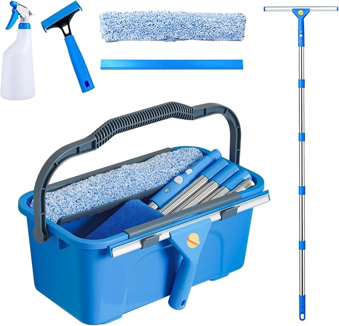 Professional Window Cleaning Kit with 76" Pole,Bucket 3 Gallon,Streak-Free | Includes14"Silicone Squeegee,Microfiber Scrubber,Towel Window Washing for Home, Outdoor, Car & Commercial Use