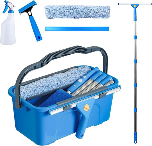 Professional Window Cleaning Kit with 76" Pole,Bucket 3 Gallon,Streak-Free | Includes14"Silicone Squeegee,Microfiber Scrubber,Towel Window Washing for Home, Outdoor, Car & Commercial Use