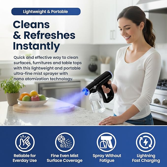 Professional Barber Disinfectant Spray Gun, Ultra Fine Mist Sprayer, Black | Continuous Spray Bottle with Blue Light, Easy to Use Lightweight and Rechargeable Sanitizer Gun, Multipurpose Fogger Machine