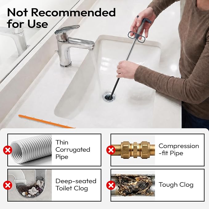 Drain Snake Clog Remover Set, 63" Metal & 20" Plastic Hair Snake | 1x Metal Drain Auger, 6x Snake Drain Hair Removal Tool, Flexible Plumbing Snake for Bathroom Sink, Bathtub, Shower, Kitchen