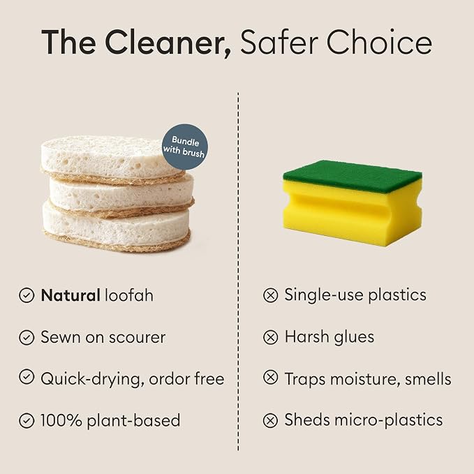 Vove Cleaning Duo, Bamboo Dish Brush Set and Natural Dish Sponges, FSC-Certified Bamboo, Sisal, Loofah, Cellulose, Plastic-Free, Eco-Friendly Zero-Waste Kitchen Dish Scrubber Set