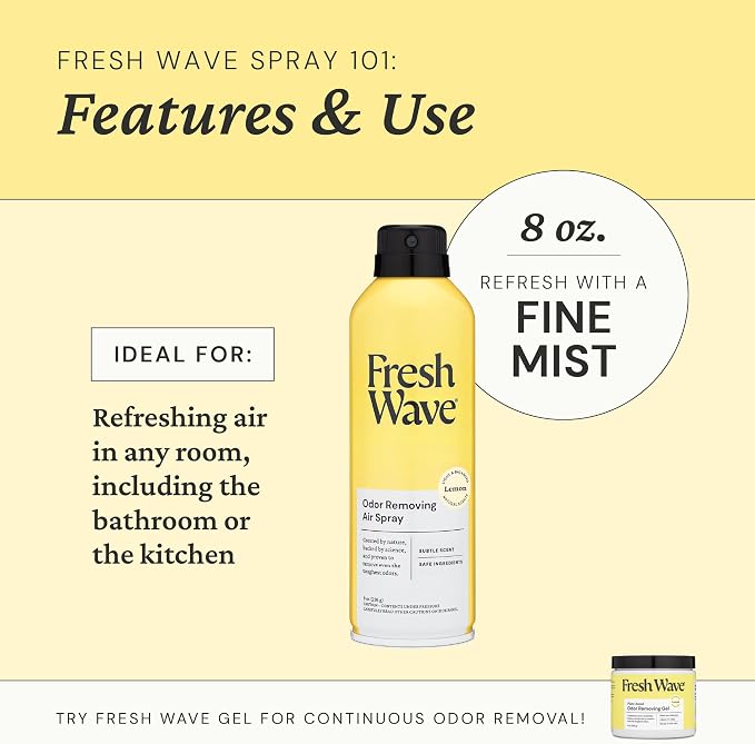 Fresh Wave Lemon Air Freshener Spray, 8 oz Room Odor Eliminator | Fine mist non-aerosol, Plant oil formula, Bathroom and pet area safe, No sulfates or parabens, Fabric and linen spray