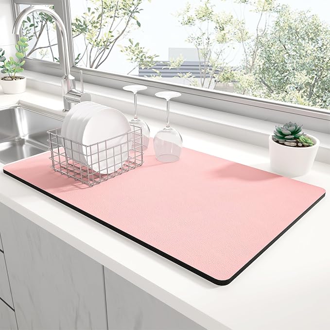 Rnivvi Dish Drying Mat for Kitchen Counter, XL 15 x 24" Super Absorbent Drainer Pad Easy Clean Dish Rack Pad, Non-Slip Heat Resistant Coffee Bar Mat for Coffee Machine Station Accessories Decor, Pink