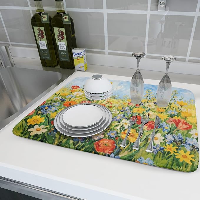 Spring Summer Floral Dish Drying Mat for Kitchen Counter 18x24 Green Yellow Blue Flower Wildflower Print Absorbent Reversible Microfiber Drying Mats Kitchen Countertop Protector Dishes Drainer Pad