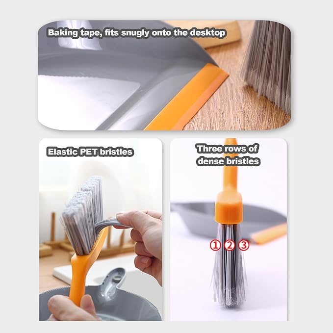 Mini Broom with Dustpan Combo Set Small Dust pan and Brush Set Quick Cleanup Debris Dust for Floor Countertop Worktop Desk Pet Cage (Green+Orange)