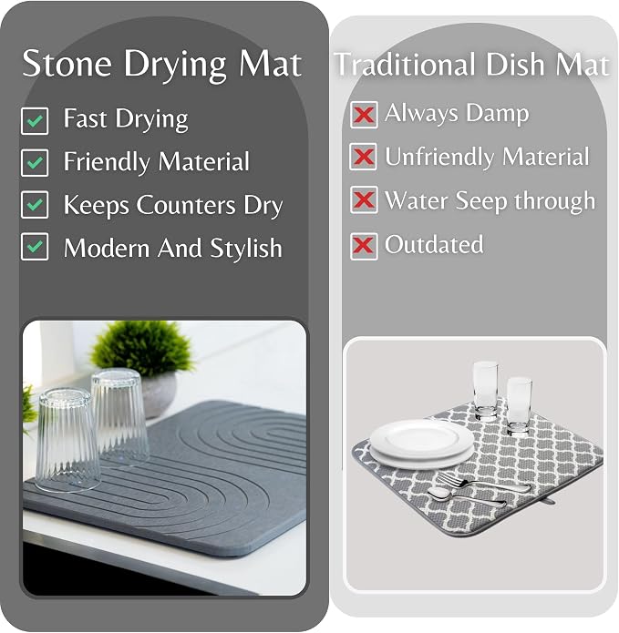 LIFSEZY- Stone Dish Drying Mat For Kitchen Counter, Super Absorbant Fast Drying Diatomaceous Earth Dish Drying mat, non slip, heat resistant, Gray, 15.3"" x 11.8''., sdm001