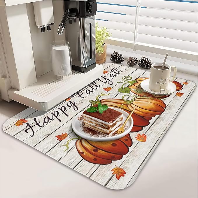 Fall Dish Drying Mat 2-Pack Happy Fall Y'all for Kitchen Counter Dishes | Diatom Mud Mats (18x24, 19.5x12"). Non-slip rubber back for kitchen counter, coffee bar & sink scenes