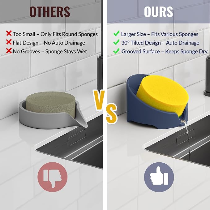 NiHome Silicone Sponge Holder for Kitchen Sink, Fits Scrub Daddy Mommy | Self-Draining Dispenser Organizer Tray, Sink Caddy Countertop Fits Soaps, Scrubber, Dishwasher Safe, Includes Brush,Dark Blue