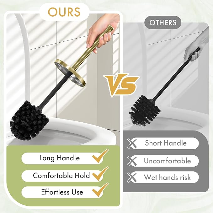 Toilet Bowl Brush and Holder Set 2 Pack with 4 Extra Brush Heads | Extra Long Handle with Splash Guard Cover, Tool-Free Installation, Bathroom Space-Saving, Cleaner Sets for Apartments, RV (Gold)