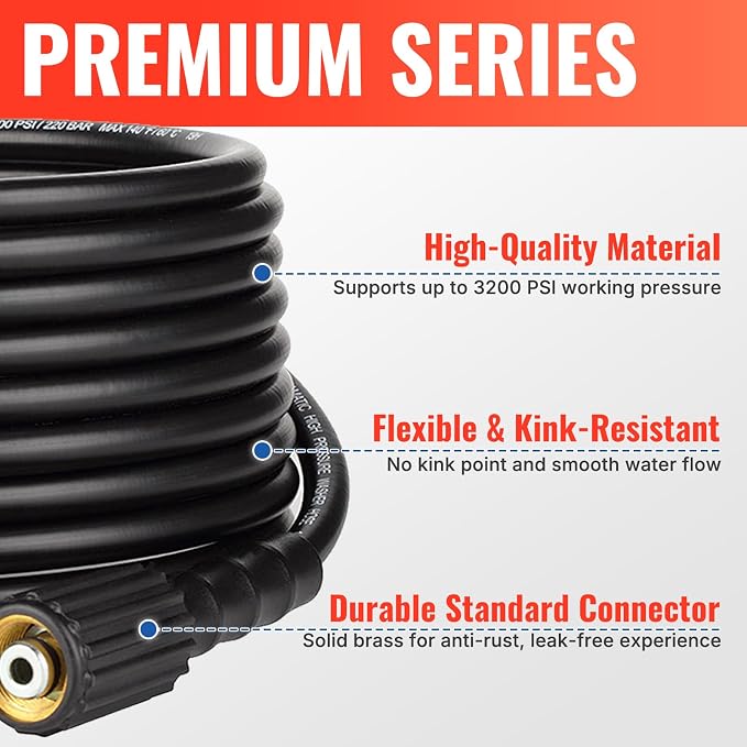 YAMATIC Pressure Washer Hose 100FT x 1/4", 3200 PSI Kink Resistant OEM-Quality Upgrade Power Washer Replacement with M22-14mm Brass Fittings for Ryobi, Troy Bilt, Greenworks, Craftsman