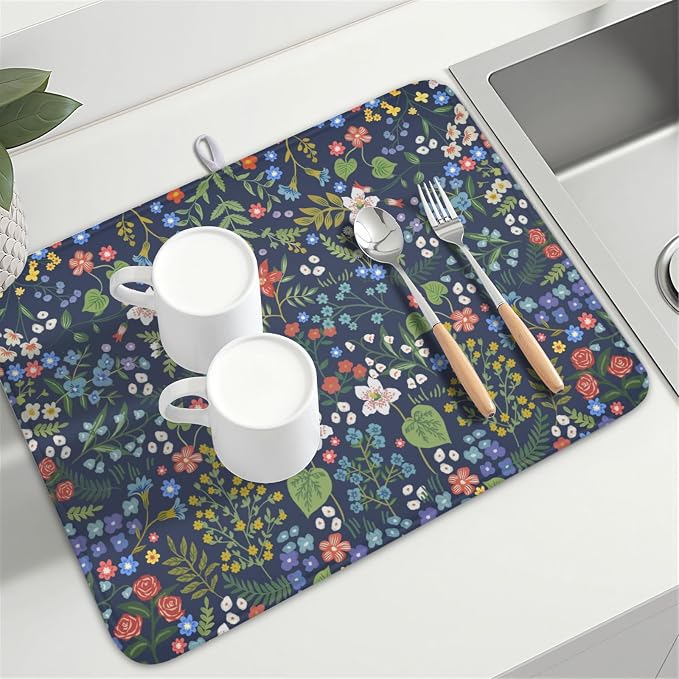 Flower Floral Dish Drying Mat 18x24 inch Microfiber Navy Blue Drying Mats with Hanging Loop Absorbent Green Leaves Dish Drainer Mat Reversible Flowers Drying Pad for Kitchen Counter Sink