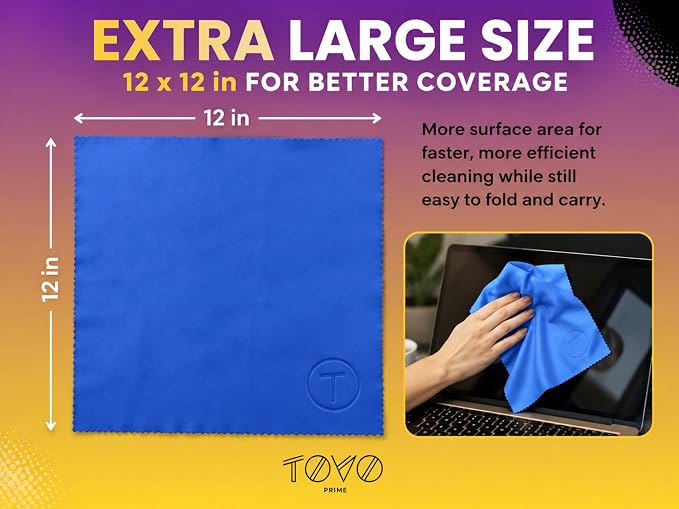 Extra Large Microfiber Cleaning Cloth – 3 Pack, 12"x12", 230 GSM Thick Lens Cleaner for Glasses, Camera & Screens, Ultra Soft, Streak-Free, Lint-Free, Scratch-Safe (Core Series)