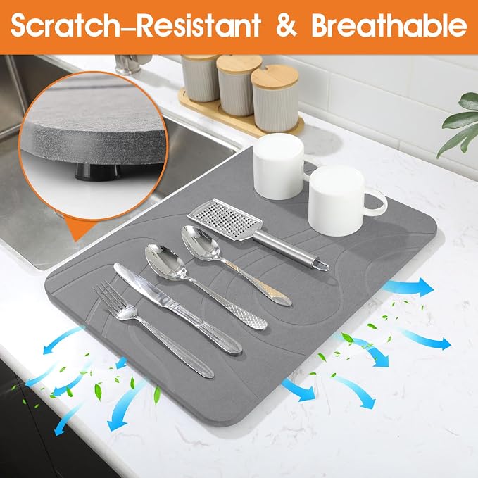 Snuggery Stone Drying Mat for Kitchen Counter - 18"x14" Dirt-Resistant Quick Drying Fast Absorbent Non-Slip Diatomite Mat, Natural Diatomaceous Earth Dish Drying Pad for Dish Rack(Dark Grey)