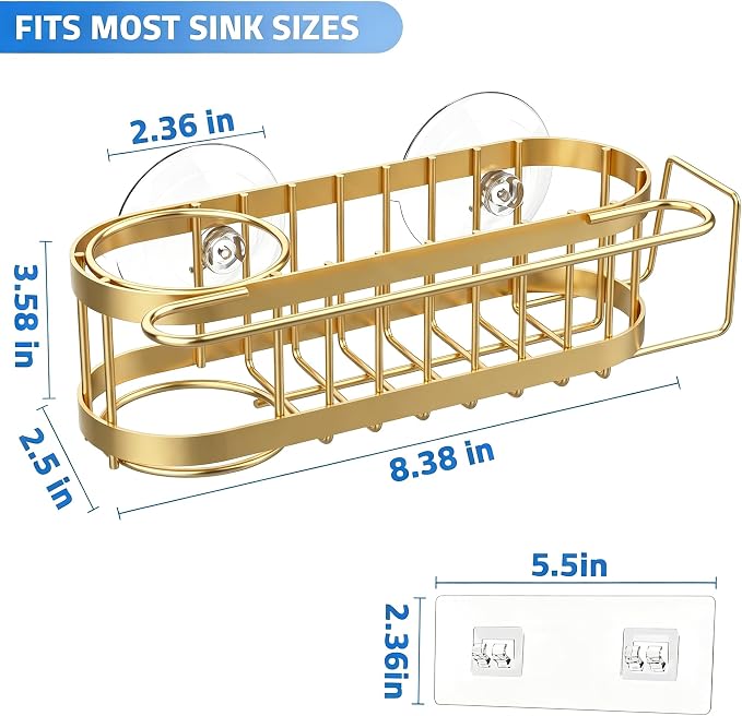Cisily Kitchen Sink Caddy Sponge Holder in The Sink, Stainless Steel Kitchen Sink Organizer, Brush Holder, Dish Cloth Hanger, Sink Stopper Holder (Suction cup-Gold)