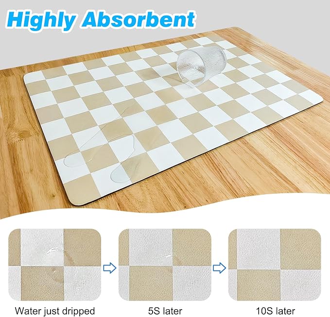 CooRug Checkered Dish Drying Mat, 16" x 24", Beige | Absorbent, Leak-Proof, Non-Slip, Heat Resistant, For Kitchen Counter & Coffee Bar, Eco-friendly Materials, Easy to Clean