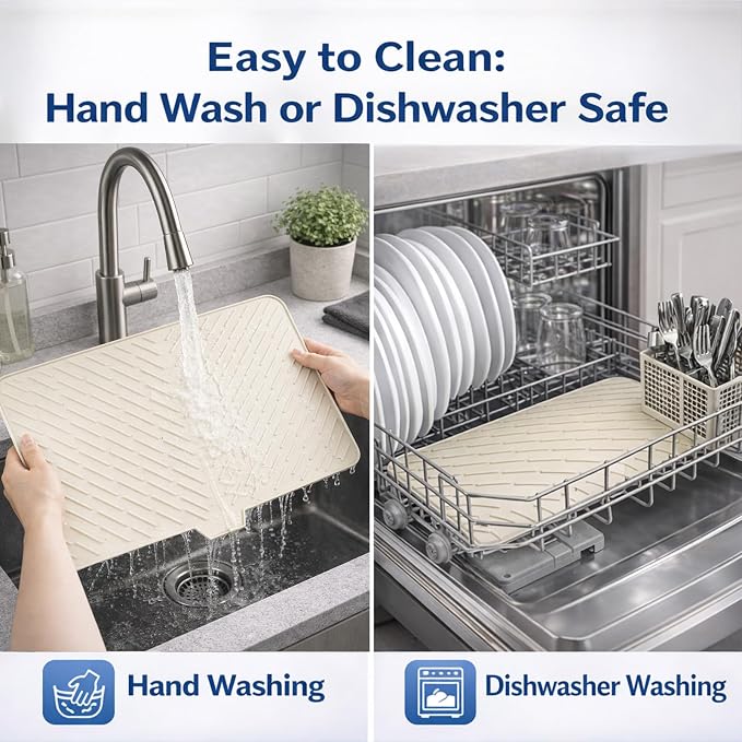 Large Silicone Dish Drying Mat – 23"x17" Sloped Sink Draining Tray with Sponge Holder for Kitchen Counter, Angled Surface for Water Drainage, Silicone Rack Mat with Drain Lip(Beige)