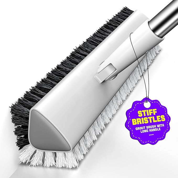Grout Brush with Long Heavy Duty Handle, 180° Swivel Floor Scrub Brush, V-Shaped Grout Line Scrubber with Stiff Bristles, Cleaning Brush for Deep Cleaning Tile Grout, Shower, Kitchen, and Concrete