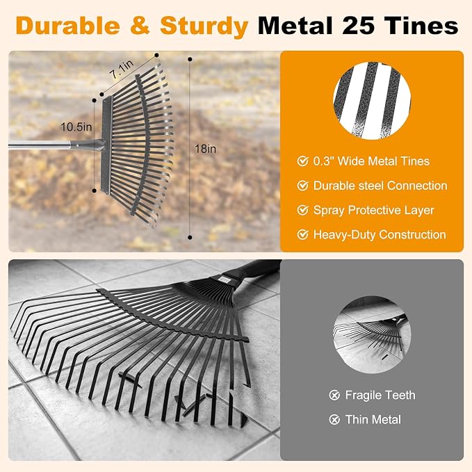 Heavy Duty Garden Rake, Metal Leaf Rake with 73 Inch Adjustable Handle and 25 Tines for Lawn, Yard, Garden Beds, Leaves, Debris and Shrubs