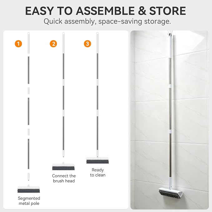 Scrub Brush with Long Handle, Extends to 55 in, Pivoting Triangle Head | Dual-direction stiff bristles work on push and pull strokes for bathtub, shower, tile, grout, patio and concrete