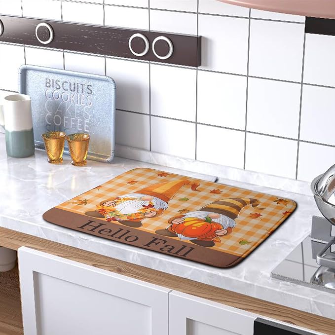 Hello Fall Autumn Gnomes Dish Drying Mat 16x18 Thanksgiving Pumpkin Maple Leaves Harvest Kitchen Drying Mat Orange White Buffalo Plaid Dish Drainer Mat Ultra Absorbent Dish Rack Pad for Coffee Bar