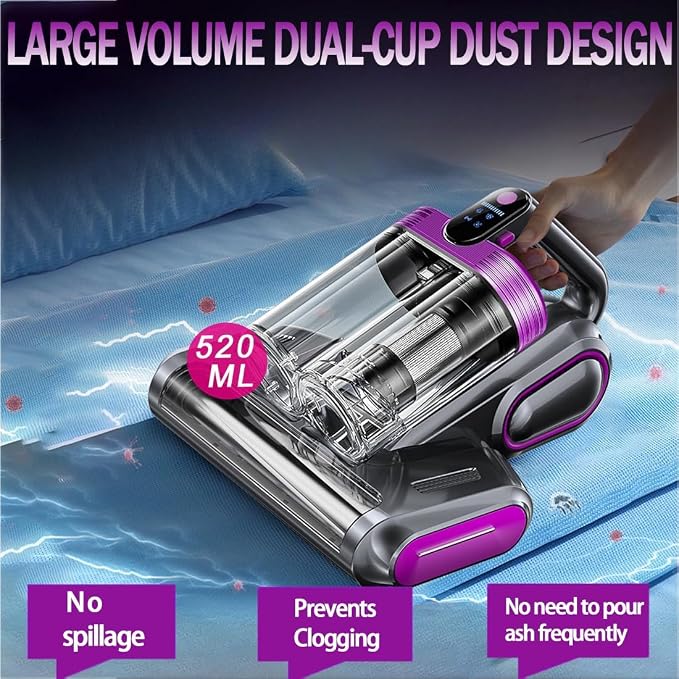 Mattress Vacuum Cleaner, 18Kpa Bed Vacuum Cleaner with 253.7nm UV-C Light & Heating & Ultrasonic Quintuple Tech & 80000 RPM/Min Brushroll Rotation, Widened Suction Port, 500W, Cordless (Purple)