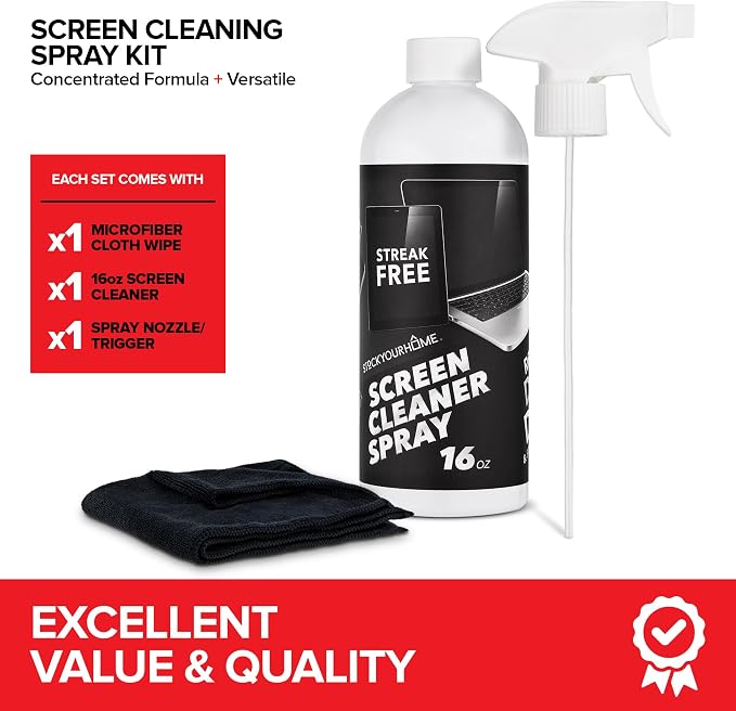 16oz Screen Cleaning Kit with Spray and Micro-Fibre Cloth Wipe (1 Pack) for Car Screens, Computer Screens, Laptops, iPads & Phones; Touchscreen Electronics Cleaner to Erase Dust or Fingerprints