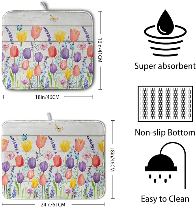Tulip Floral Dish Drying Mat for Kitchen Counter Watercolor Spring Flower Dish Mat Absorbent Microfiber Dish Draining Mat Reversible Heat Resistant Dishes Pad Large 18 x 24 Inch